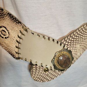 BOHO Cobra Snakeskin Belt with Bronzite Crystal Gemstone Beige Leath…
